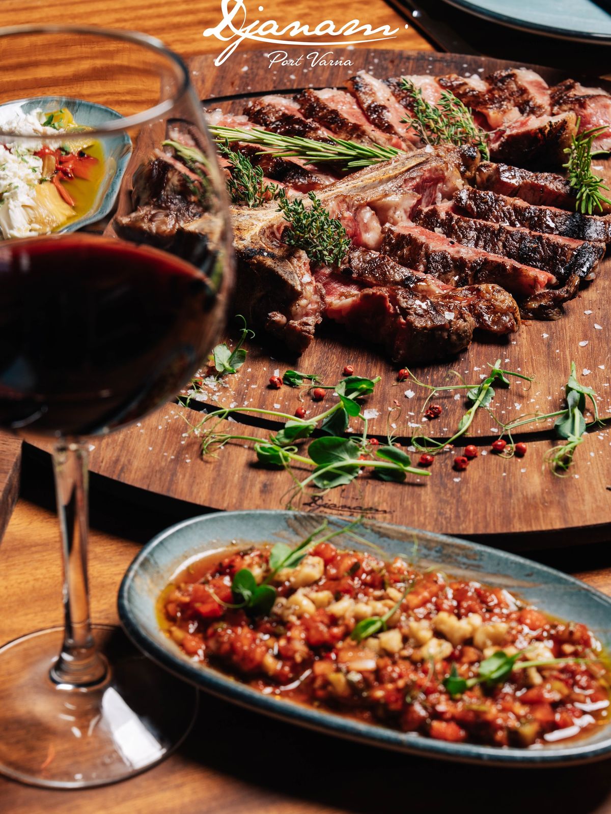 Steak, ezme and red wine